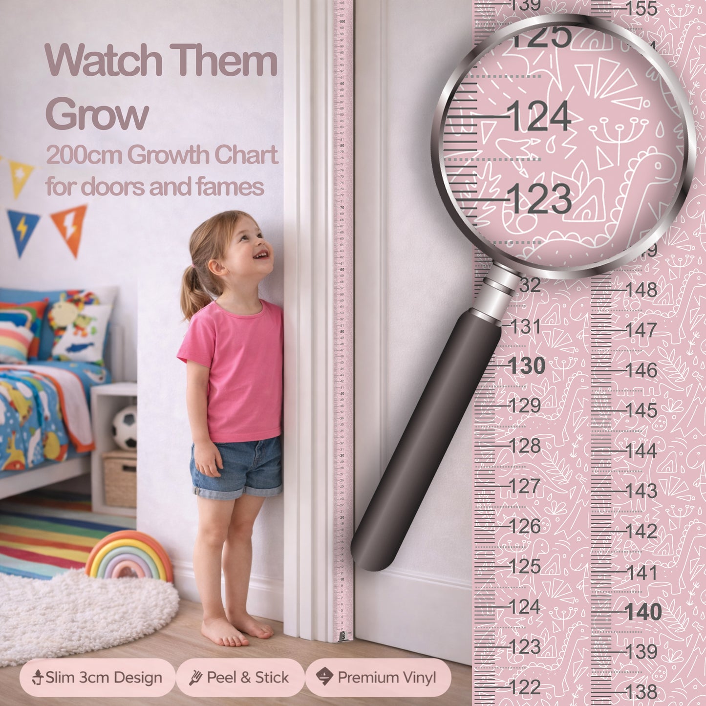 Pink dinosaur design - Door frame height chart